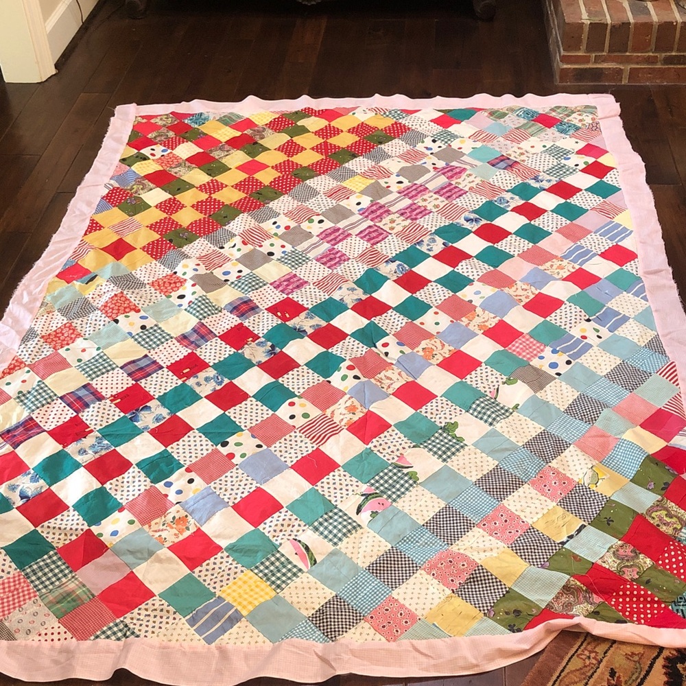 Vintage Handmade Hand Sewn Patchwork Gingham Plaid Quilt Top Farmhouse